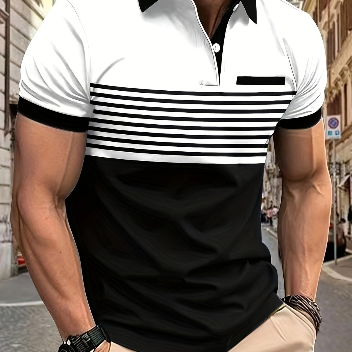 Chemise de golf estivale à manches courtes et col à rayures colorées et élégantes pour hommes
